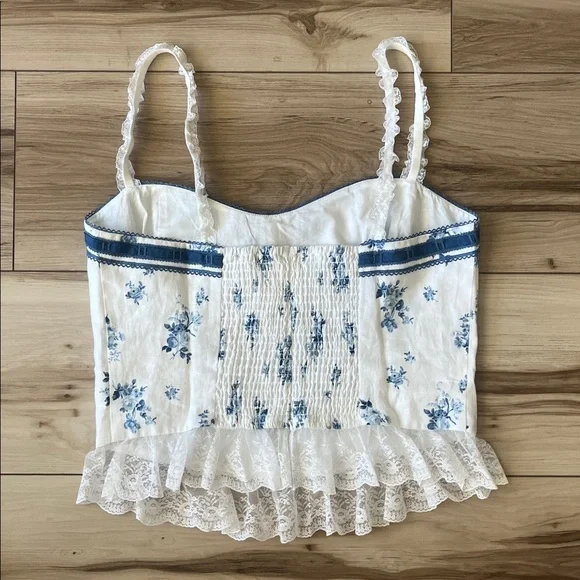 Reformation Paola Linen Sleeveless Top in Delicacy Corset White Blue Coquette - Picture 4 of 9